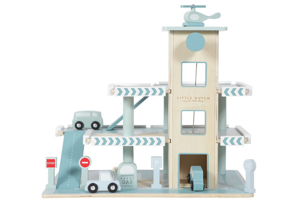 Blauwe houten parkeergarage van Little Dutch.